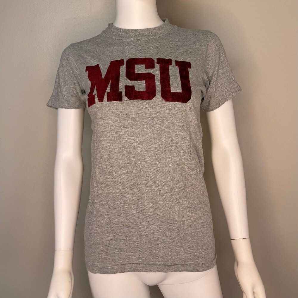 Vintage 1970s MSU T-Shirt, Flocked, Mississippi State University, Artex Size XS